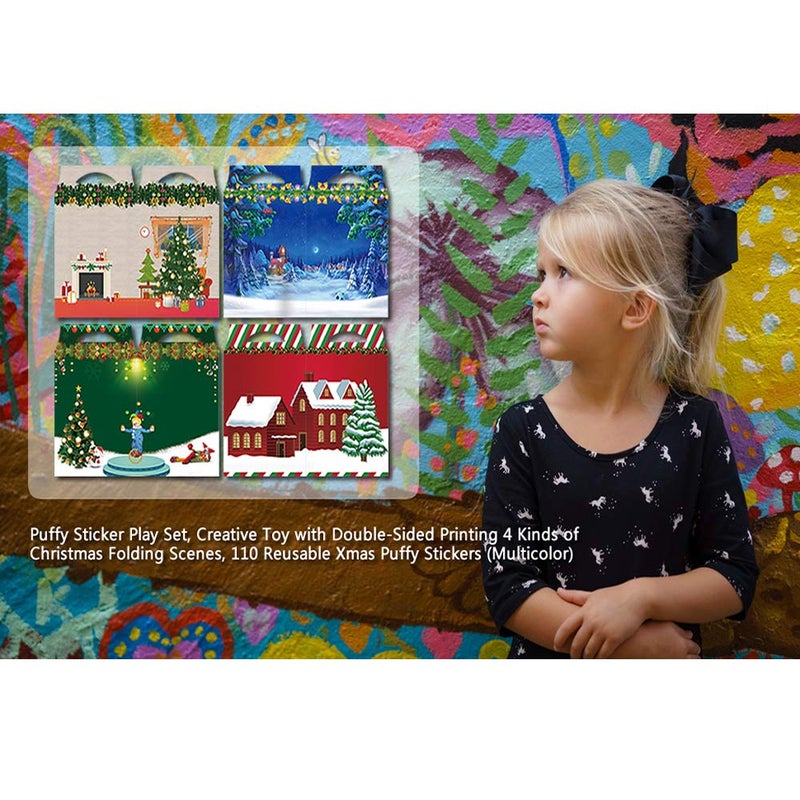 Dream Loom Puffy Sticker Play Set, Creative Toy with Double-Sided Printing 4 Kinds of Christmas Folding Scenes, 110 Reusable Xmas Puffy Stickers (Multicolor) - Image 2